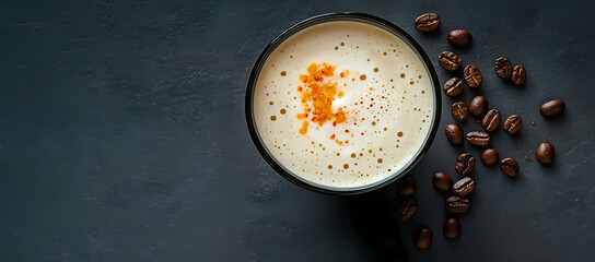 Gourmet Coffee Delight: A bird's-eye view captures a meticulously crafted coffee drink, accompanied by scattered roasted coffee beans against a dark, textured background