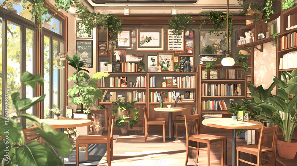 Poster cozy bookstore cafe: this image showcases a serene bookstore cafe, brimming with the inviting allure