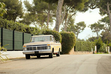 Retro Vintage American Pick-Up Car Vehicle With Long Base, Rusty Paint On The Hull Body