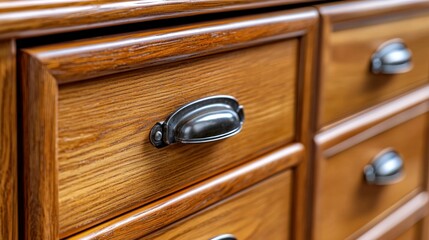 Close-up of wooden drawers with dark pulls in a cabinet