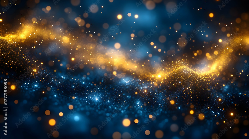 Poster abstract gold and blue glittering sparkles on dark background with bokeh effect