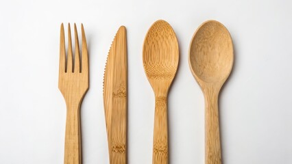 Wooden Cutlery Set on White Background