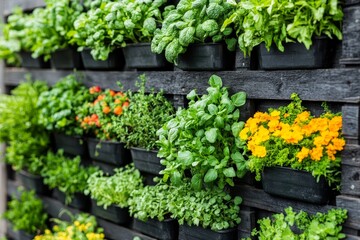 Vibrant Vertical Garden with Fresh Herbs and Colorful Flowers