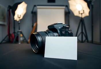  business card mockup featuring a camera and studio lighting. Ideal for photographers, videographers, or anyone in the photography industry. Customize with your information for a profession