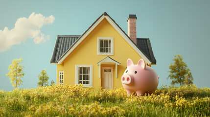 Piggy bank beside a model house, representing the process of saving money for a mortgage and future home investment. Nightmare Realm Overgrowth. Illustration