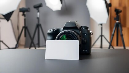  business card mockup featuring a camera and studio lighting. Ideal for photographers, videographers, or anyone in the photography industry. Customize with your information for a profession