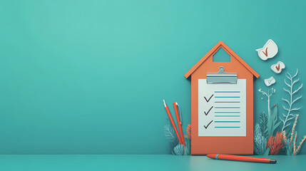 Productivity concept with checklist clipboard, orange check marks, white pen, and red house model on teal background for copy space below. Nightmare Realm Overgrowth. Illustration