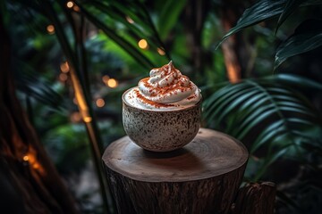 Whipped Cream Topped Dessert in Natural Setting with Greenery