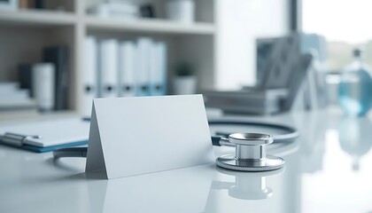 Clean medical business card mockup with stethoscope and office background. Ideal for healthcare professionals. Customize with your info for a strong impression.