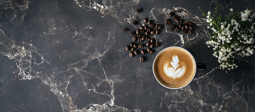 Latte Art & Coffee Beans on Marble: A beautifully crafted latte art sits alongside scattered coffee beans and a delicate floral arrangement on a luxurious marble surface.