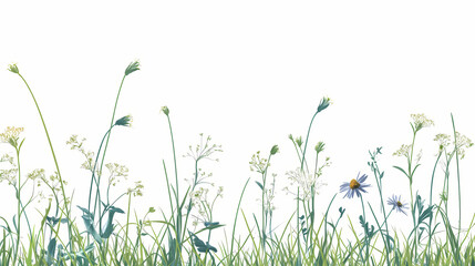 Wildflowers and green grass blades in front of white. Nightmare Realm Overgrowth. Illustration