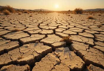 Drought-stricken cracked soil under the harsh sun, deep fissures creating intricate patterns, sparse vegetation scattered around Generative AI 