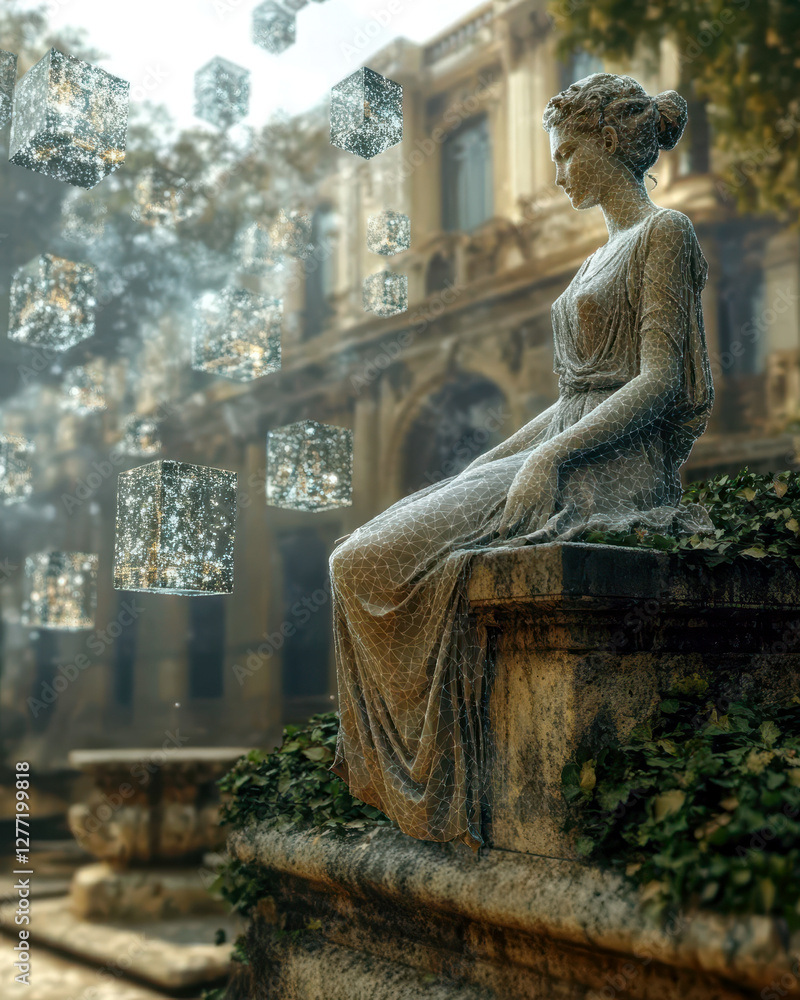 Poster Classical Marble Statue Undergoes Digital Transformation in a Serene Courtyard Setting