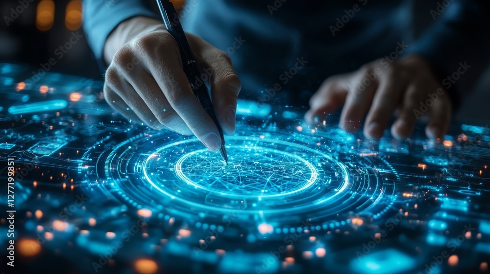 Poster drawing circle person with pen creates circular design element on paper illustrating creative proces