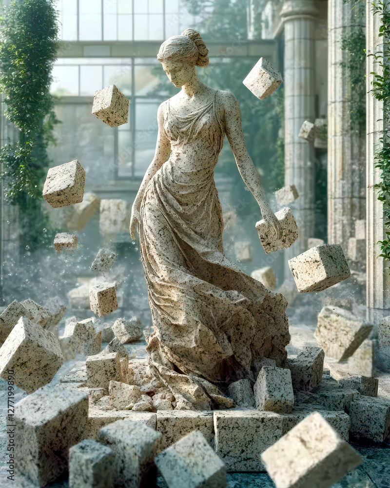 Poster classical statue of a woman dissolving into ethereal data in a timeworn courtyard