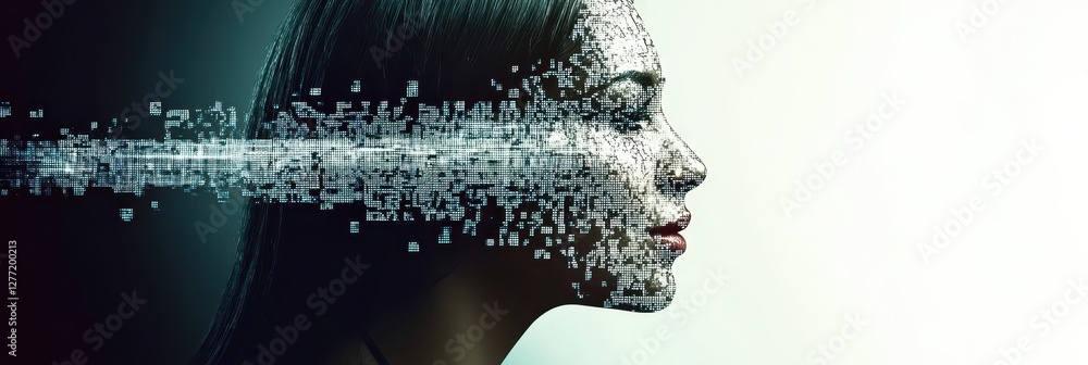 Poster human face evolves into a radiant avatar with pixelated features in a surreal digital landscape