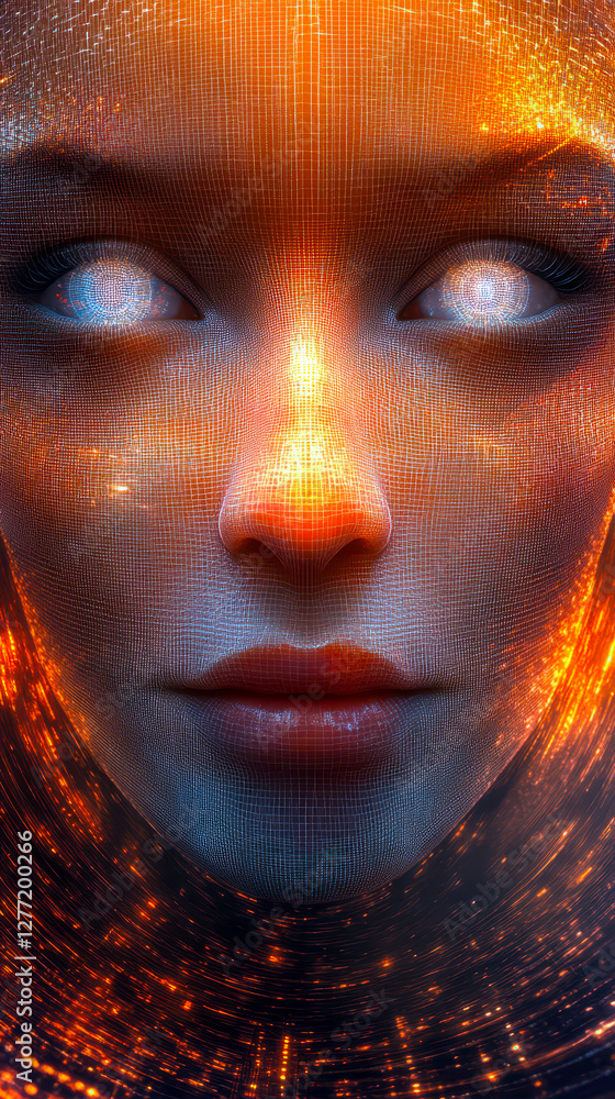 Poster transforming realities through human and ai fusion into a mesmerizing glowing avatar