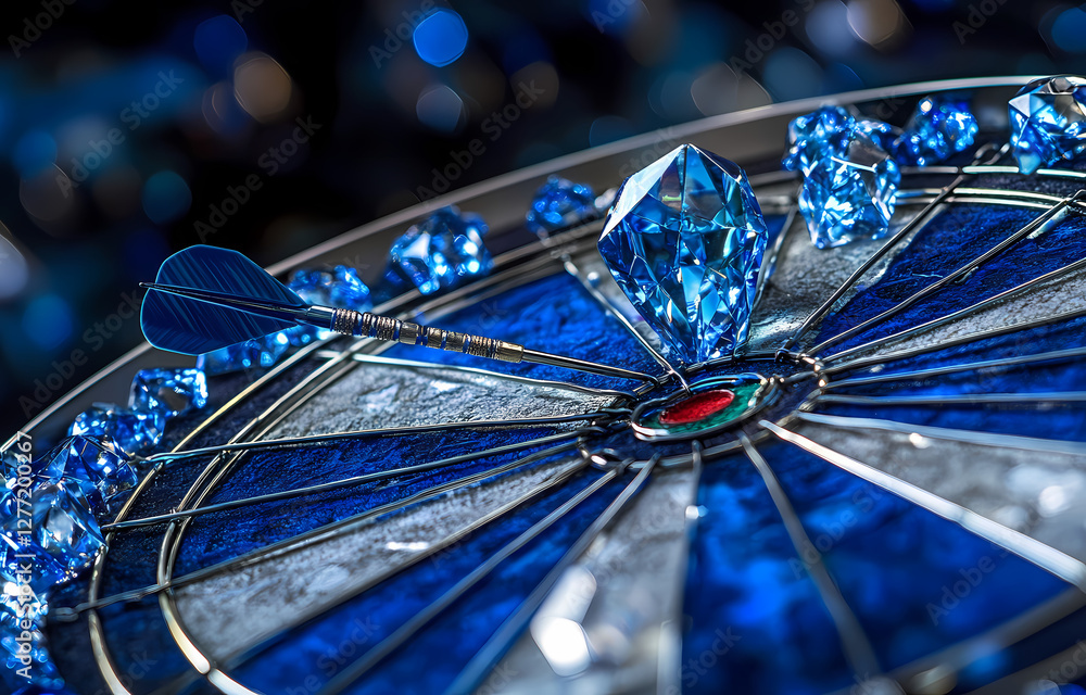 Poster precision in focus: a dart hits the bullseye, surrounded by sparkling gems on a blue dartboard, symb