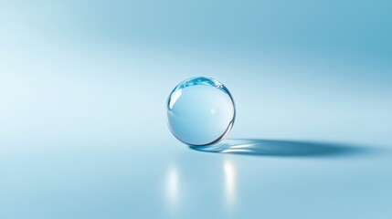 Abstract minimalist design, blue glass sphere on blue background with subtle shadow and reflective surface