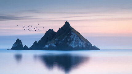 A lone rocky island in a vast, mirror-like sea, waves softly lapping against the rugged edges