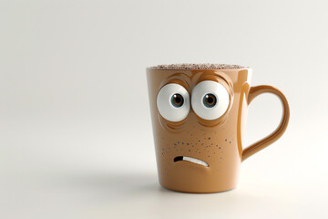 Cartoon brown coffee mug with a confused and guilty expression, symbolizing workplace emotions. business branding, office mascot, productivity themes, corporate messaging, and marketing materials