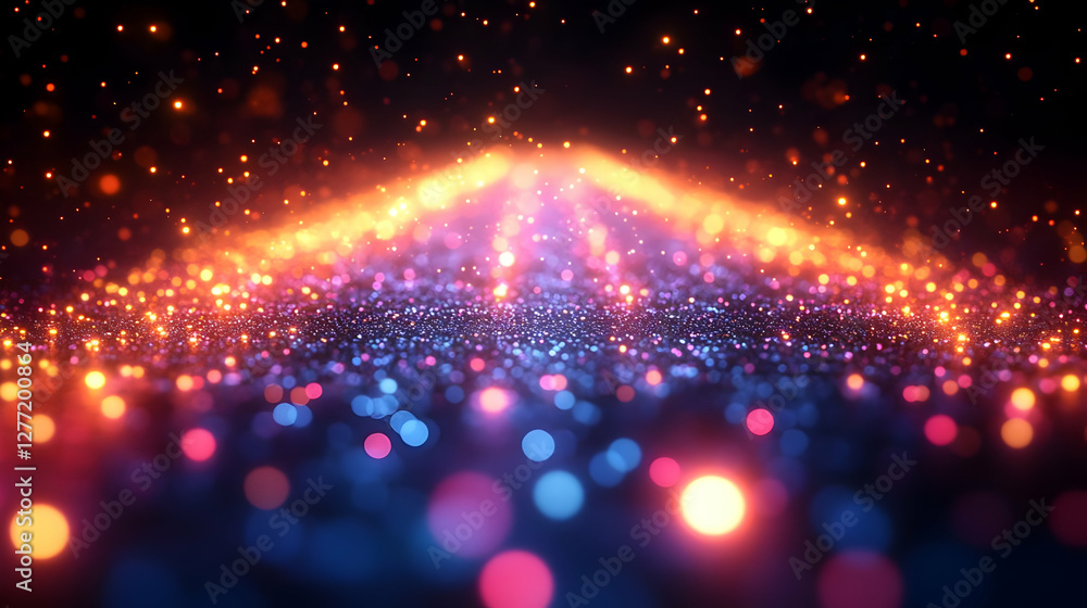 Poster orange and blue sparkling particles create a festive abstract glowing background