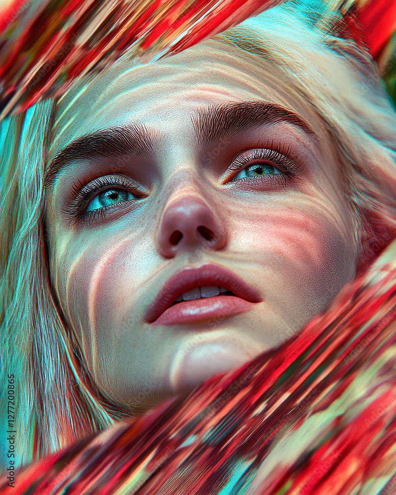 Aufkleber hyper realistic portrait blending human features and surreal elements in vibrant colors