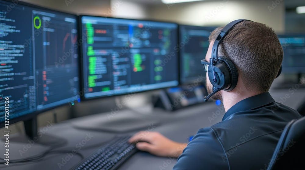 Poster man with headphones at computer focused work or multimedia immersion in modern workspace