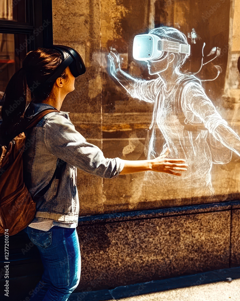 Poster engaging with digital realities in a vibrant urban setting during the afternoon light