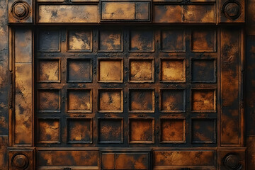 Textured Grunge Metal Panel with Square Grid Patterns in Brown and Copper Color