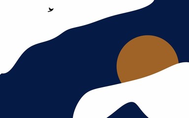 Abstract minimalist landscape with sun and waves