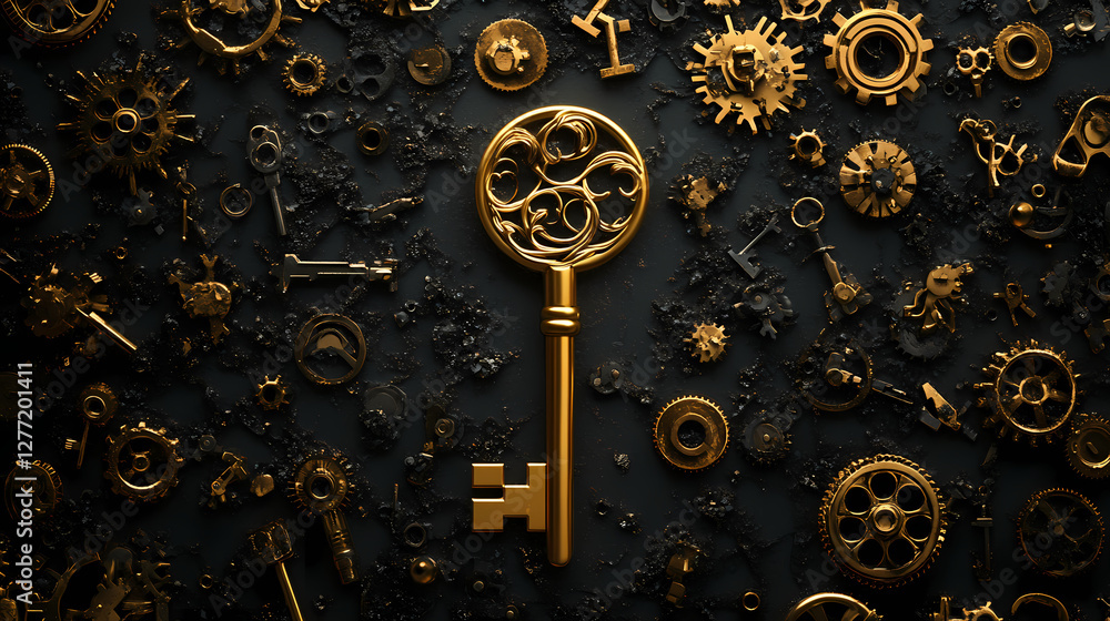 Poster the golden key and gears: an antique golden key sits centrally amidst an array of intricate gears an