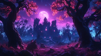 Obraz premium Mystical ruins under a full moon enchanted forest digital art fantasy landscape night scene surreal imagery