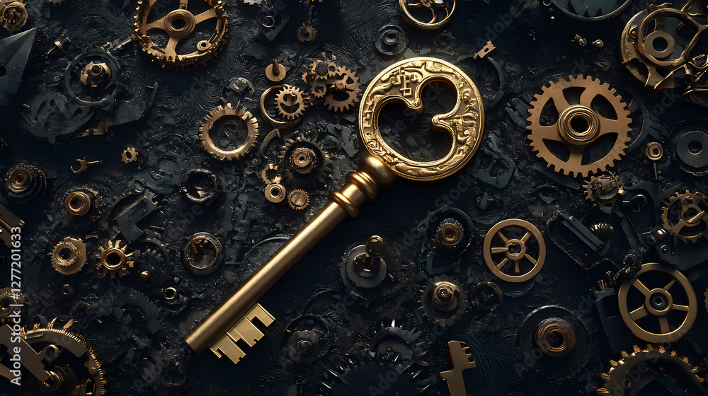 Poster golden key to innovation: a meticulously crafted golden key rests amidst a collection of intricate c