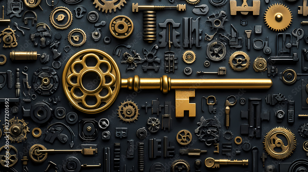 Poster golden key in tech world: a golden key lies centrally, surrounded by a complex array of small black 