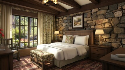 Cozy Rustic Bedroom with Stone Wall and Natural Light Accents