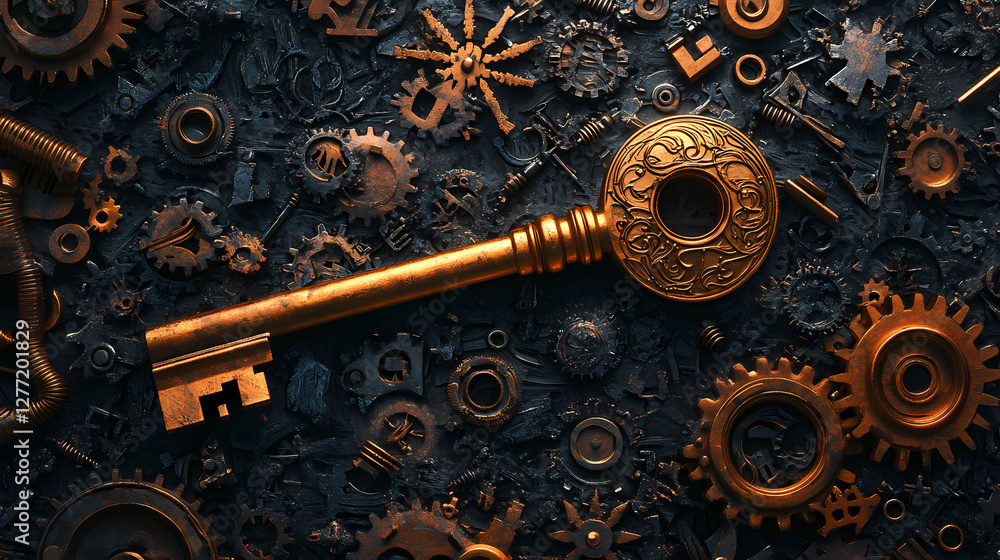 Aufkleber unlocking potential: a detailed view of a golden antique key, masterfully crafted, set against a bac
