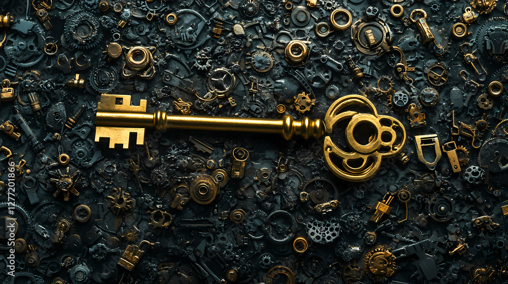 Aufkleber unlocking secrets: a detailed golden key lies amidst a collection of intricate mechanical components