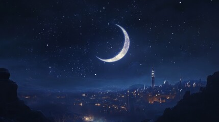 Radiant Crescent Moon: A Serene Ramadan Symbol. Perfect for greeting cards, social media posts, Islamic celebrations, and more. This elegant design   