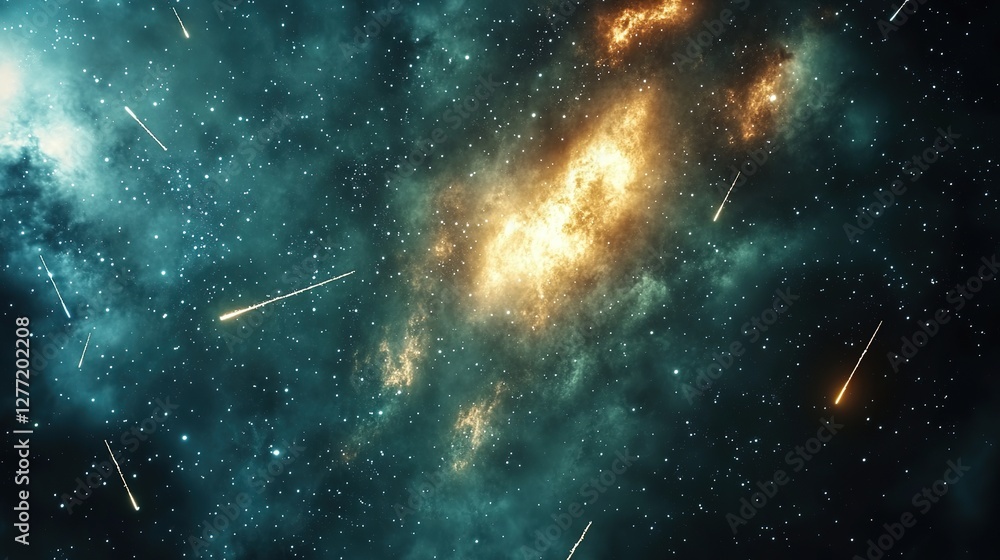 Poster meteor shower displaying cosmic wonders outer space digital art dark environment wide-angle view cel