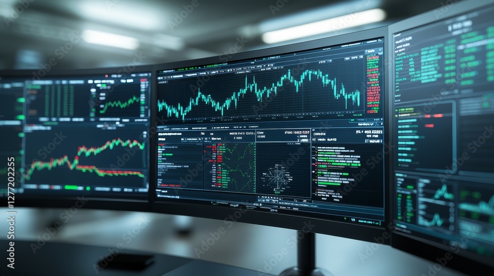 Poster stock market data analysis on computer monitor visualizing trading information for informed decision