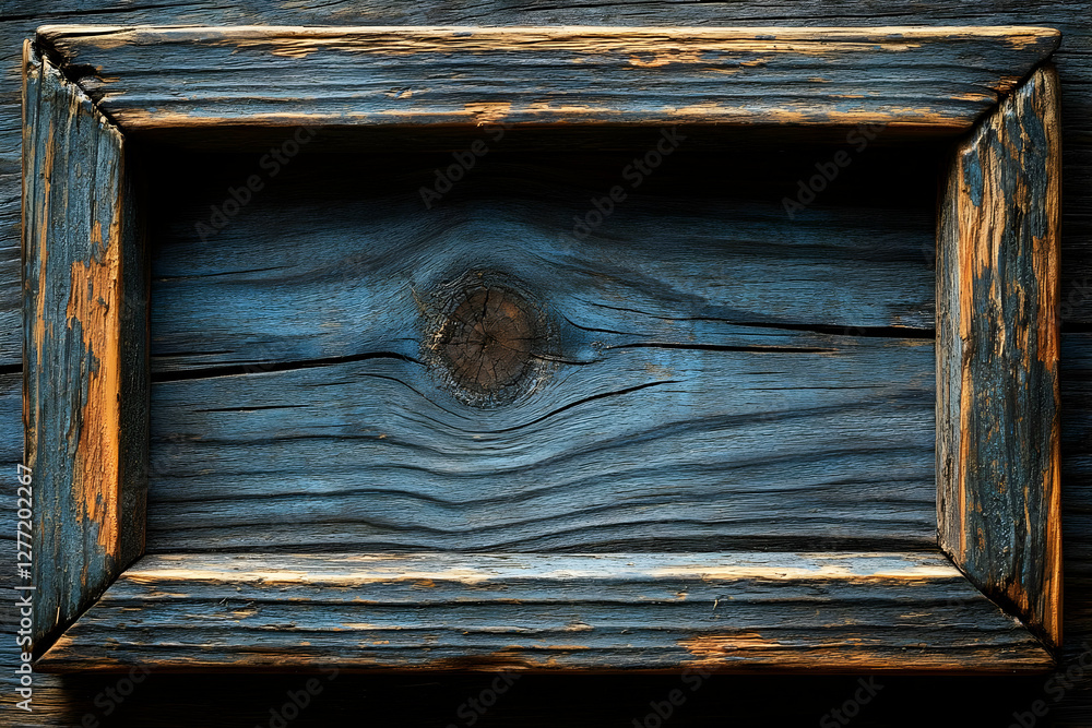 Poster blue toned wooden frame with visible grain and knot adding a rustic touch