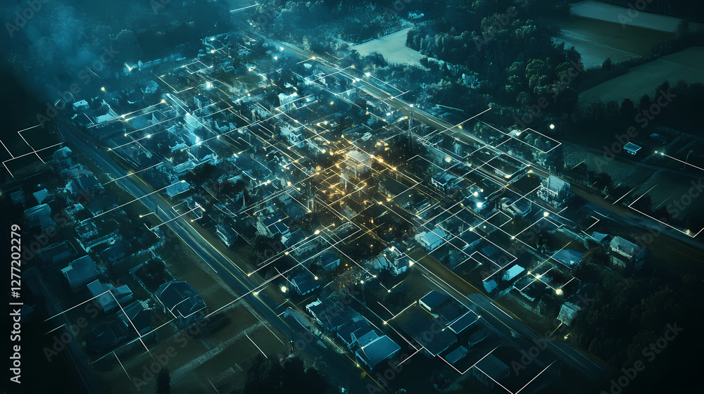 Canvas Prints aerial view of a small town with digital network lines showcasing connectivity and innovation in rur