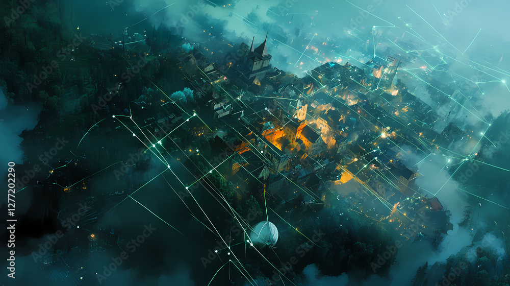 Canvas Prints aerial view of a small town with digital network lines showcasing connectivity and innovation in rur