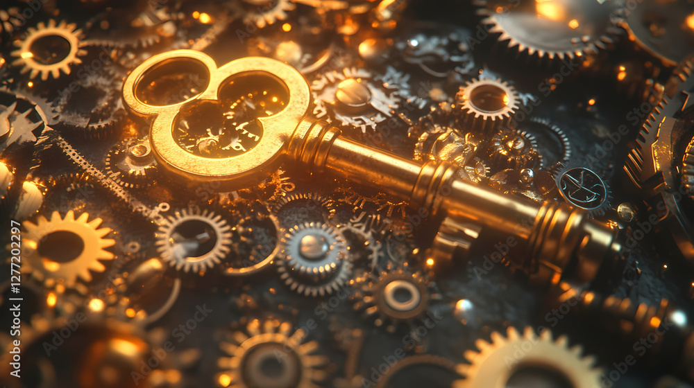 Poster golden key of secrets: a close-up view of a captivating golden key, resting amidst a complex arrange
