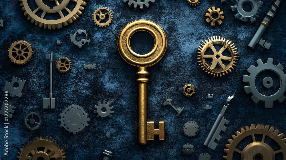 Poster golden key and gears: a meticulously arranged composition featuring a gleaming golden key as the cen
