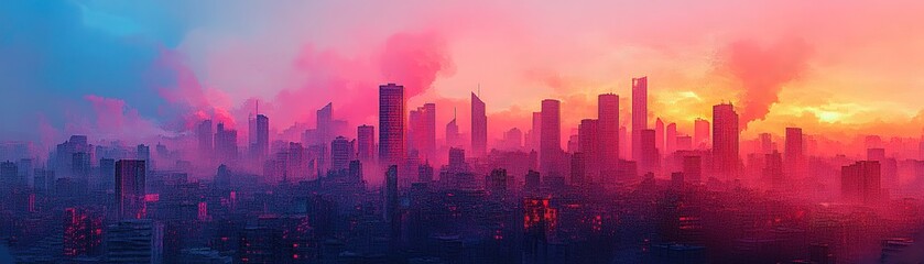 Fototapeta premium Sunset over urban skyline cityscape landscape photography vibrant colors aerial view modern architecture