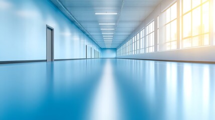 Serene blue hallway bathed in natural light tranquil space for peaceful exploration