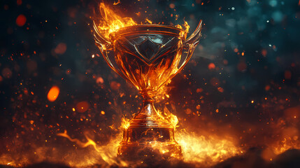 Fiery Triumph: A majestic trophy engulfed in flames, symbolizing victory, passion, and the heat of competition. The dynamic composition, rich colors.