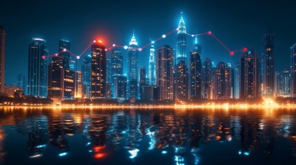 Fototapeta premium Night city skyline with financial graph reflection, urban scene